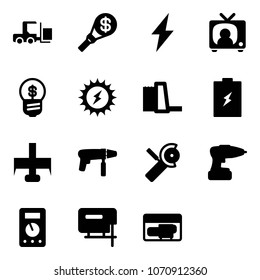 Solid vector icon set - fork loader vector, money torch, lightning, tv news, business idea, sun power, water plant, battery, milling cutter, drill machine, Angular grinder, multimeter, jig saw