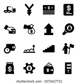 Solid vector icon set - fork loader vector, yen, dollar, annual report, card pay, encashment, uplooad, head hunter, wallet time, growth, stairs, win, money bag, managemet, finance management, server