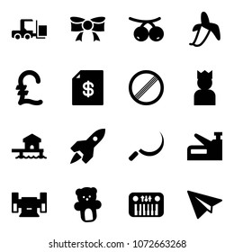 Solid vector icon set - fork loader vector, bow, rowanberry, banana, pound, account statement, no limit road sign, king, bungalow, rocket, sickle, stapler, sharpening, bear toy, piano, paper plane
