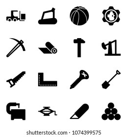 Solid vector icon set - fork loader vector, treadmill, basketball ball, gear globe, job, mat, hammer, oil derrick, saw, corner ruler, screw, shovel, machine tool, jack, work knife, billiards balls