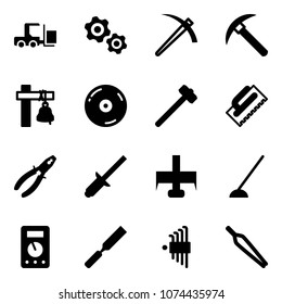 Solid vector icon set - fork loader vector, gears, job, rock axe, ship bell, cd, sledgehammer, trowel, pliers, clinch, milling cutter, hoe, multimeter, rasp, allen key set, forceps