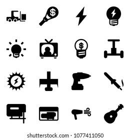 Solid vector icon set - fork loader vector, money torch, lightning, idea, bulb, tv news, business, gyroscope, sun power, milling cutter, drill, soldering iron, jig saw, generator, dryer, guitar