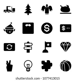 Solid vector icon set - fork loader vector, christmas tree, angel, turkey, elf, floor scales, dollar coin, credit card, exchange, signpost, flag, diamond, victory, bulb, puzzle, basketball