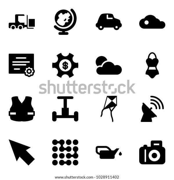 Solid\
vector icon set - fork loader vector, globe, car, cloud,\
certificate, money managemet, swimsuit, life vest, gyroscope, kite,\
satellite antenna, cursor, circuit, oiler,\
camera