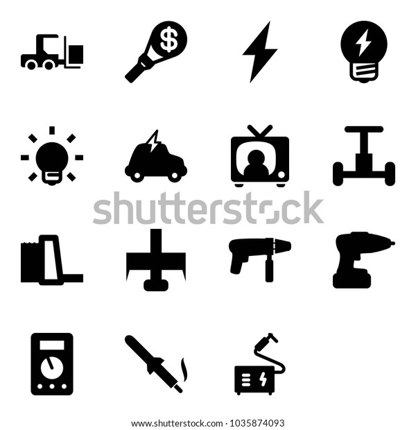 Solid\
vector icon set - fork loader vector, money torch, lightning, idea,\
bulb, electric car, tv news, gyroscope, water power plant, milling\
cutter, drill machine, multimeter, soldering\
iron