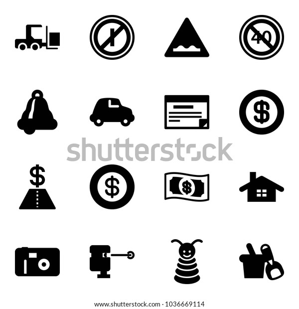 Solid vector icon set - fork loader vector, no\
parkin odd, rough road sign, end minimal speed limit, bell, car,\
schedule, dollar, money, home, photo, laser lever, pyramid toy,\
shovel bucket