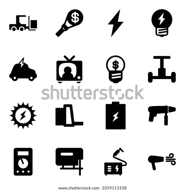 Solid vector icon set - fork loader vector, money
torch, lightning, idea, electric car, tv news, business, gyroscope,
sun power, water plant, battery, drill machine, multimeter, jig
saw, welding