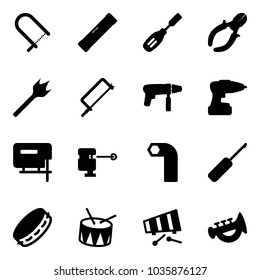 Solid vector icon set - fretsaw vector, level, chisel, side cutters, wood drill, metal hacksaw, machine, jig saw, laser lever, allen key, awl, tambourine, drum, xylophone, horn toy