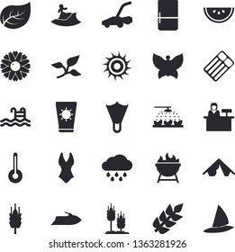 Solid vector icon set - fridge flat vector, temperature, barbecue, watermelon, ear, flower, sprinkling machine, butterflies, lawn mower, rain, tree leaf, swimsuit, pool, tent fector, sun, surfing