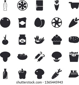 Solid vector icon set - fridge flat vector, carrot, cake, egg, mushroom, salad, shashlik, cutlet, onion, bell pepper, hot peppers, French fries, lemonade, coffe, jam, orange, ventilation