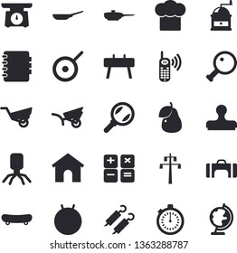 Solid vector icon set - frying pan flat vector, teflon, weighing machine, cook hat, coffee grinder, shashlik, pear, garden wheelbarrow, power line support, magnifier, phone call, calculator, virus