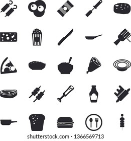 Solid vector icon set - frying pan flat vector, saute, kitchen spatula, knives, rolling pin, blender, table setting, spaghetti, chop, ketchup, cheese, bread, on a fork, hamburger, pizza, dish, ham