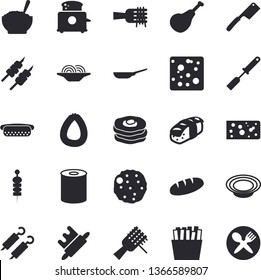Solid vector icon set - frying pan flat vector, kitchen spatula, knives, rolling pin, toaster, ham, sausage, cheese, bread, canned food, spaghetti on a fork, hot dog, dish, porridge, shashlik
