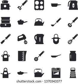 Solid vector icon set - frying pan flat vector, saute, meashuring cup, teapot, electric kettle, apron, ladle, kitchen spatula, spoon, whisk, stove, toaster, mixer, double boiler, glass jar, grater