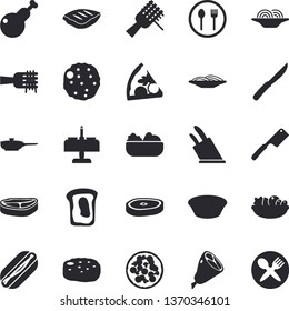 Solid vector icon set - frying pan flat vector, knives, table setting, chop, spaghetti on a fork, hot dog, pizza, salad, soup, chicken, ham, cutlet, sandwich, romantic dinner fector
