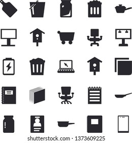Solid vector icon set - frying pan flat vector, saute, cutting board, glass jar, nesting box, bucketful, battery, bottles, grocery trolley, billboard, badge, office chair, sticker, laptop, notepad
