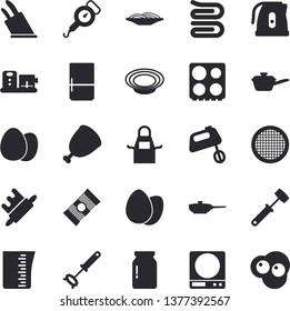Solid vector icon set - frying pan flat vector, saute, weighing machine, meashuring cup, electric kettle, spring balance, apron, whisk, towel, knives, rolling pin, meat hammer, stove, mixer, fridge
