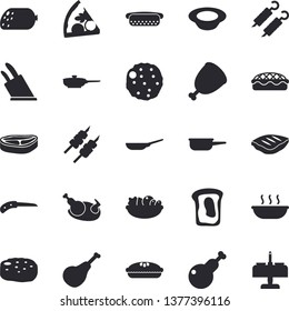 Solid vector icon set - frying pan flat vector, saute, knives, chop, ham, sausage, hot dog, pizza, dish, salad, soup, pie, chicken, shashlik, cutlet, sandwich, knife, romantic dinner fector