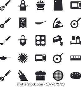 Solid vector icon set - frying pan flat vector, teflon, cook hat, apron, ladle, kitchen spoon, whisk, knives, cutting board, electric stove, induction cooker, gas, microwave, mixer, spice, barbecue