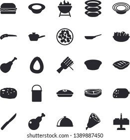 Solid vector icon set - frying pan flat vector, hiking pot, saute, knives, barbecue, dish, plates, chop, ham, sausage, spaghetti on a fork, hamburger, pizza, salad, soup, pie, chicken, cutlet, knife