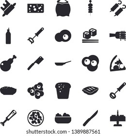 Solid vector icon set - frying pan flat vector, whisk, knives, rolling pin, blender, flour, cheese, bread, spaghetti on a fork, pizza, salad, porridge, chicken, chop, shashlik, fish rolls, popcorn