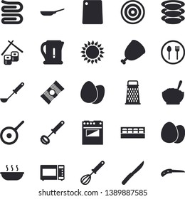 Solid vector icon set - frying pan flat vector, teflon, electric kettle, ladle, whisk, towel, knives, cutting board, stove, induction cooker, gas, microwave, spice, egg, grater, table setting, soup