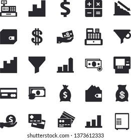 Solid vector icon set - funnel flat vector, crisis, chart, cash, credit card, dollar, investments, purse, wealth, calculator, machine, fector, dispenser, safe