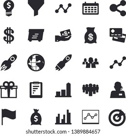 Solid vector icon set - funnel flat vector, rocket, earth, graphic report, chart, credit card, molecules, dollar, investments, team, telephone operator, idea, wealth, scatter, flag, calendar, target