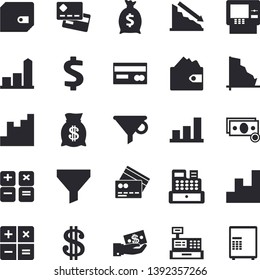 Solid vector icon set - funnel flat vector, crisis, chart, cash, credit card, dollar, investments, purse, wealth, calculator, machine, fector, dispenser, safe