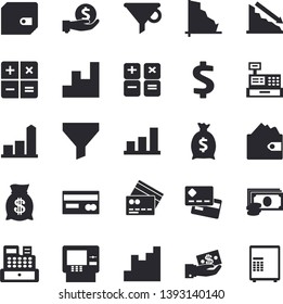 Solid vector icon set - funnel flat vector, crisis, chart, cash, credit card, dollar, investments, purse, wealth, calculator, machine, fector, dispenser, safe