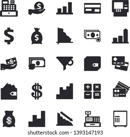 Solid vector icon set - funnel flat vector, crisis, chart, cash, credit card, dollar, investments, purse, wealth, calculator, machine, fector, dispenser, safe
