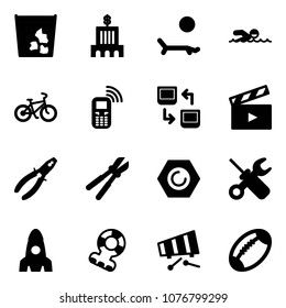 Solid vector icon set - garbage vector, bank building, lounger, swimming, bike, mobile phone, data exchange, movie flap, pliers, bolt cutter, nut, wrench screwdriver, rocket, teethers, xylophone