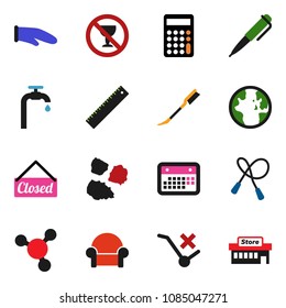 solid vector icon set - garbage pile, cook glove, ruler, pen, world, molecule, calculator, jump rope, no alcohol sign, calendar, trolley, water supply, cushioned furniture, mall
