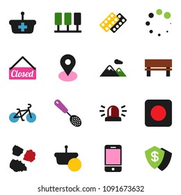 solid vector icon set - garbage pile vector, skimmer, bike, map pin, mobile phone, rec button, pills blister, server, bench, loading, siren, mountain, closed, basket, dollar shield
