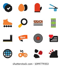 solid vector icon set - garbage pile vector, cook glove, press, egg, pasta, corner ruler, roller Skates, breads, heart monitor, protected, disk, gamepad, globe, magnifier, new, cashbox