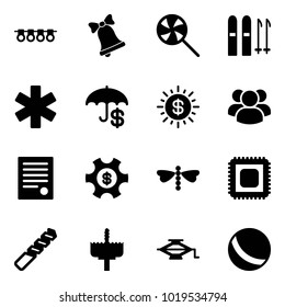 Solid vector icon set - garland vector, bell, lollipop, ski, ambulance star, insurance, dollar sun, group, agreement, money managemet, dragonfly, cpu, drill, crown, jack, ball
