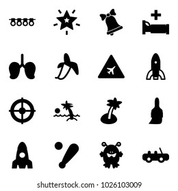 Solid vector icon set - garland vector, christmas star, bell, hospital bed, lungs, banana, airport road sign, rocket, target, palm, brush, baseball bat, toy monster, car