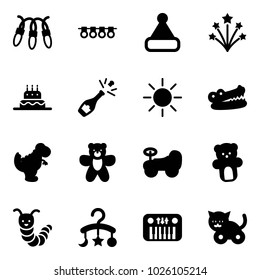 Solid vector icon set - garland vector, christmas hat, firework, cake, champagne, sun, crocodile, dinosaur toy, bear, baby car, caterpillar, carousel, piano, cat