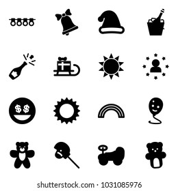 Solid vector icon set - garland vector, bell, christmas hat, champagne, sleigh gift, sun, star man, money smile, rainbow, balloon, bear toy, horse stick, baby car