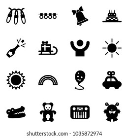 Solid vector icon set - garland vector, bell, cake, champagne, sleigh gift, success, sun, rainbow, balloon smile, car toy, crocodile, bear, piano, monster