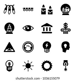 Solid vector icon set - garland vector, candle, snowball house, tree, eye, bank, drawbridge road sign, limited distance, idea, head bulb, business, sun, laser