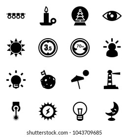 Solid vector icon set - garland vector, candle, snowball tree, eye, sun, limited height road sign, distance, idea, bulb, moon flag, beach, lighthouse, laser, power, lamp