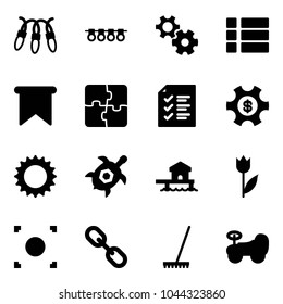 Solid vector icon set - garland vector, gear, menu, flag, puzzle, list, money managemet, sun, sea turtle, bungalow, tulip, record button, link, rake, baby car