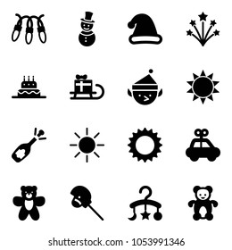 Solid vector icon set - garland vector, snowman, christmas hat, firework, cake, sleigh gift, elf, sun, fizz opening, car toy, bear, horse stick, baby carousel