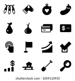 Solid vector icon set - garland vector, dog, stopwatch heart, eggplant, pear, onion, credit card, hand cursor, flag, rise, check, dollar chart, bungalow, shovel, beanbag