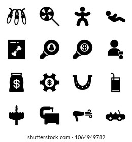 Solid vector icon set - garland vector, lollipop, gymnastics, abdominal muscles, x ray, head hunter, search money, winner, bag, managemet, luck, drink, crown drill, machine tool, dryer, toy car