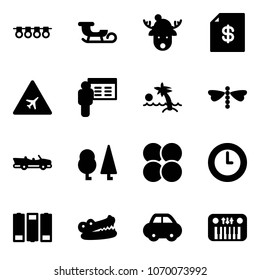 Solid vector icon set - garland vector, sleigh, christmas deer hat, account statement, airport road sign, presentation, palm, dragonfly, cabrio, forest, atom core, clock, battery, crocodile, car