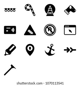 Solid vector icon set - garland vector, lollipop, snowball tree, dog, tap pay, multi lane traffic road sign, no turn back, cursor browser, highlight marker, atm map pin, anchor, connect