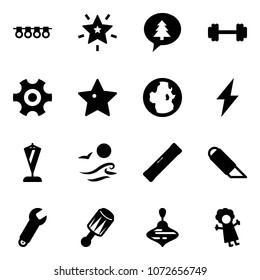 Solid vector icon set - garland vector, christmas star, merry message, barbell, gear, globe, lightning, pennant, waves, level, work knife, wrench, beanbag, wirligig toy, doll