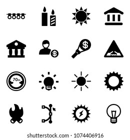 Solid vector icon set - garland vector, candle, sun, bank, account, money torch, drawbridge road sign, limited distance, bulb, fire, bezier, power